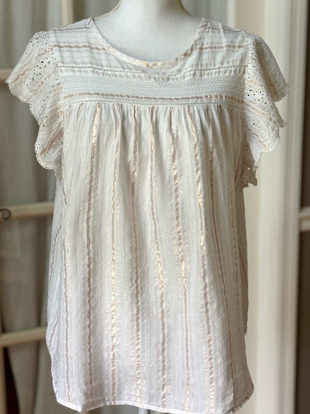 Good Hart Matilda Jane Ivory Metallic Stripe Flutter Sleeve Boho Top L